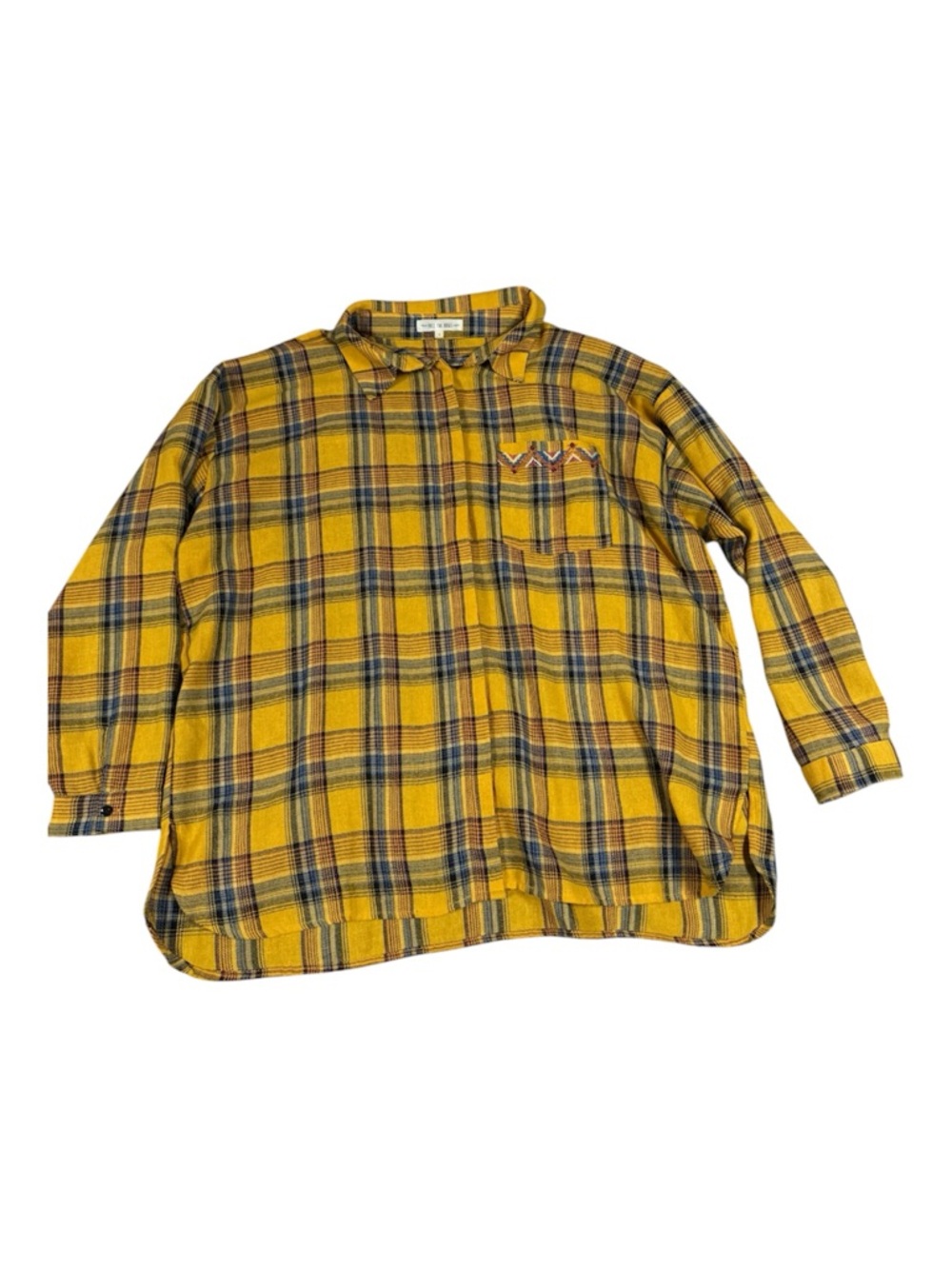 Free the Roses Women’s Embroidered Oversized Yellow Plaid Button-Up Shirt S
